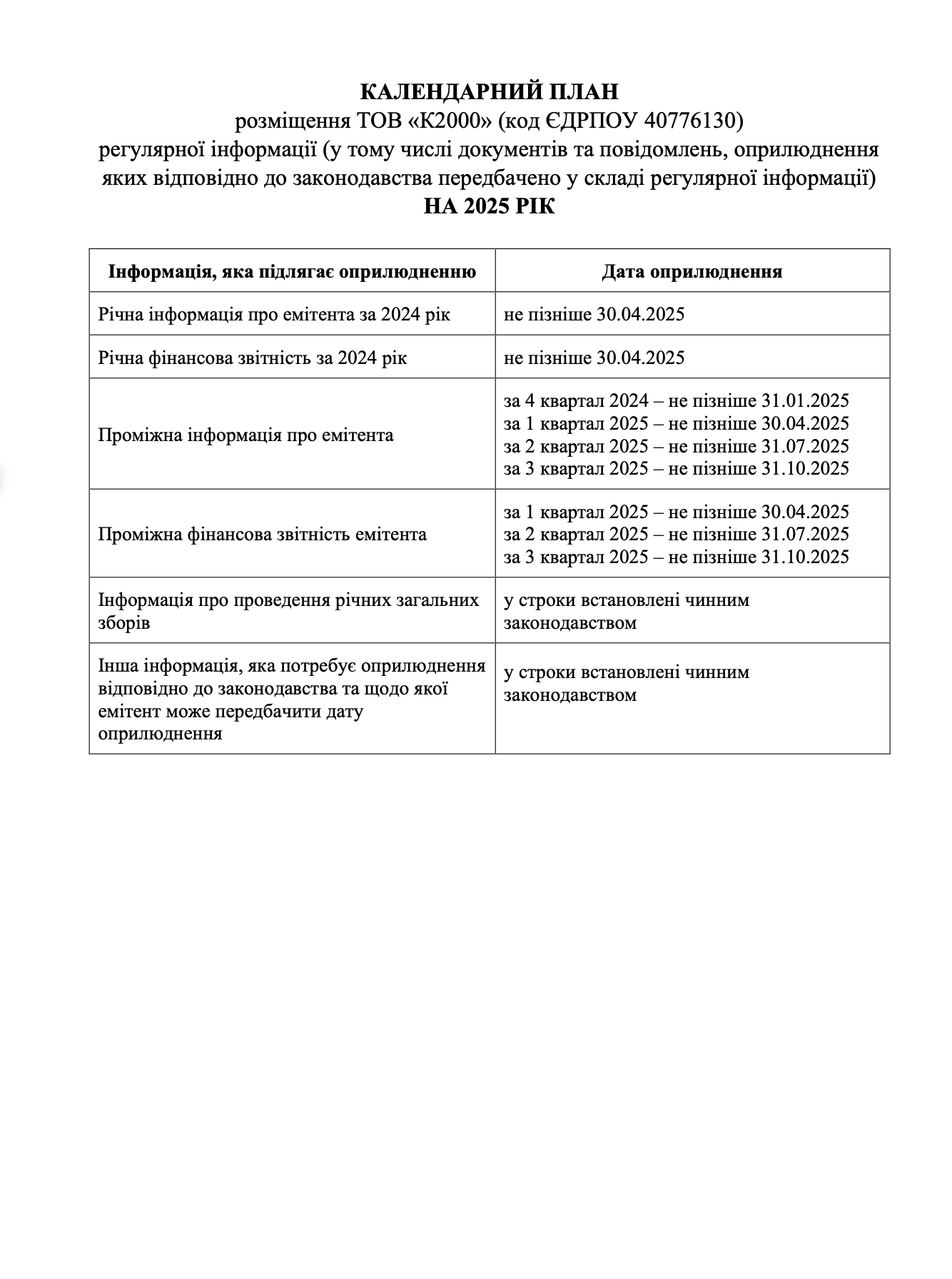 Календарний план 2025